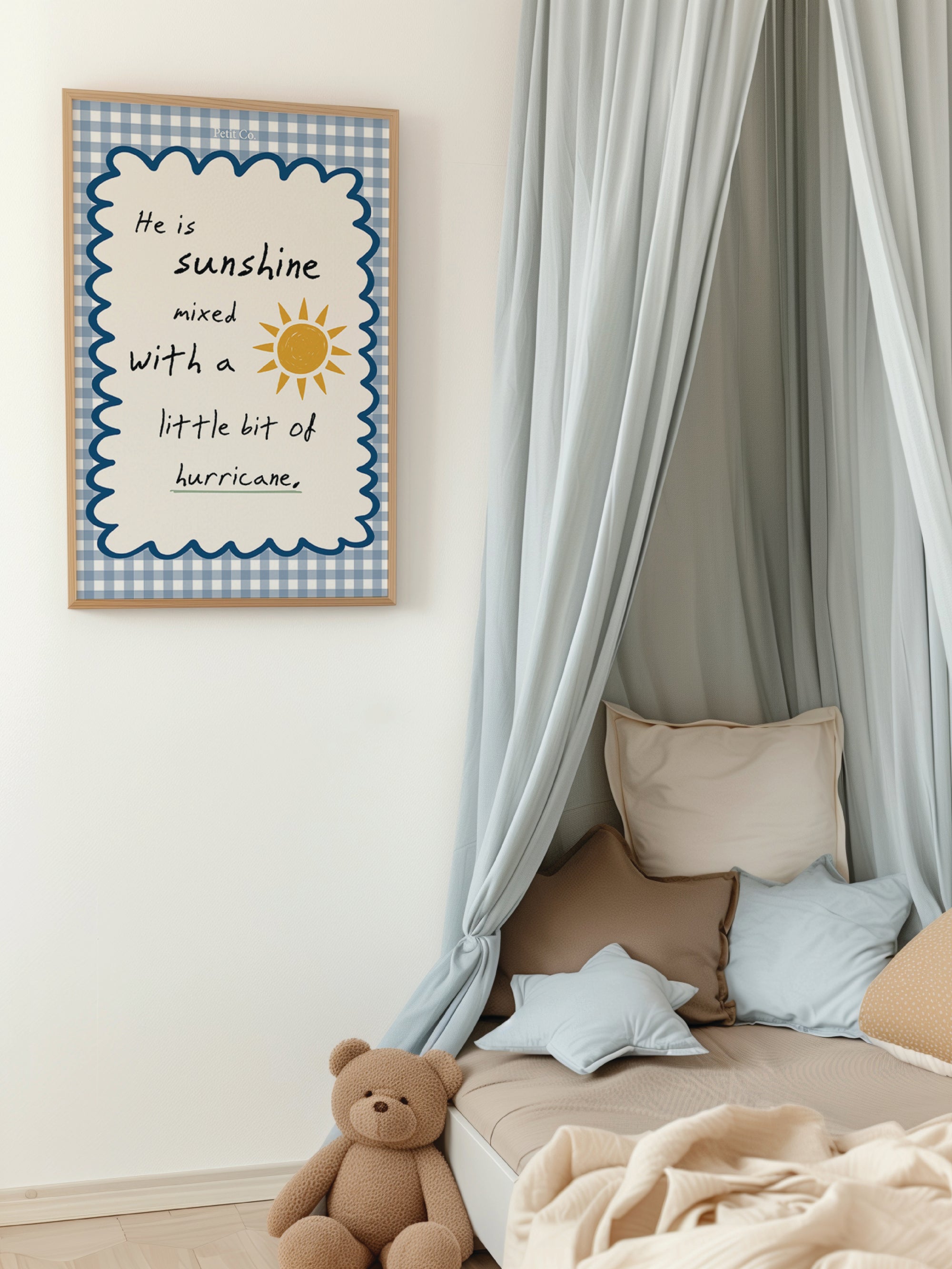 He Is Sunshine Blue Gingham Kids Wall Art (Part 1) - Petit Co.